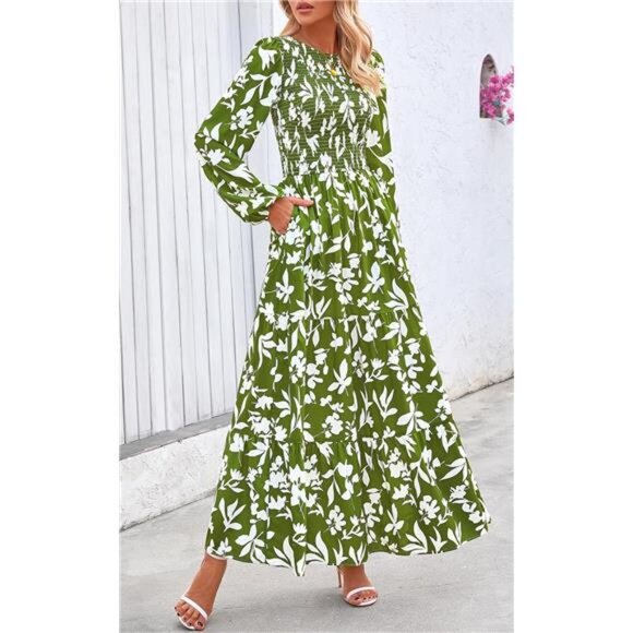 Women's Long Sleeve Flowy Maxi Dress Green - Picture 1 of 5